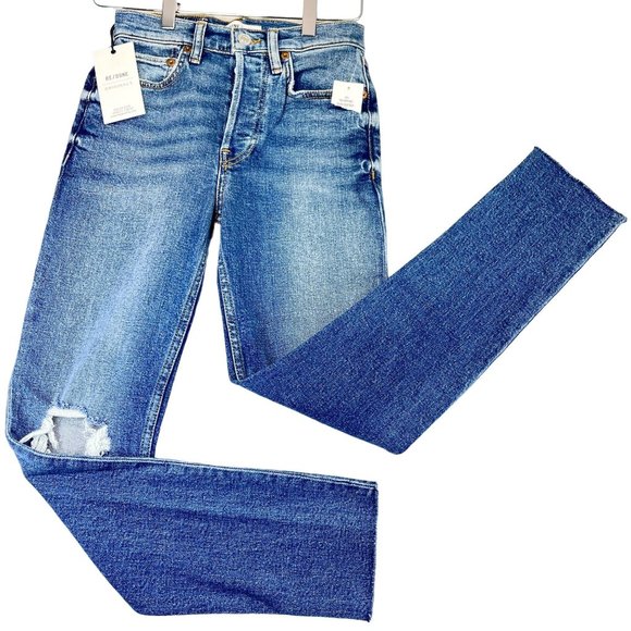 NWT REDONE Originals Womens 24 Button Fly Jeans High Rise Frayed Ankle Crop
